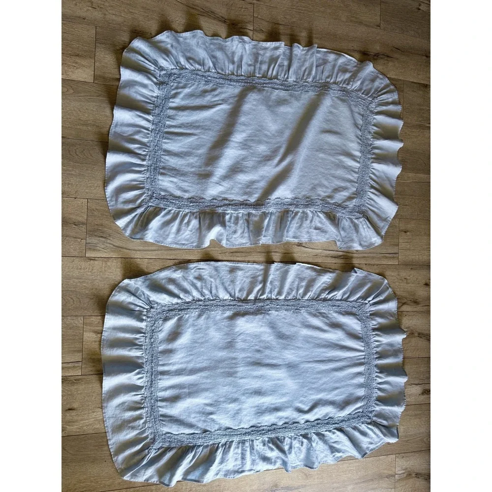 GreenRow Shabby Chic Pearl Blue Linen Ruffle Crochet Set of 2 King Pillow Cases